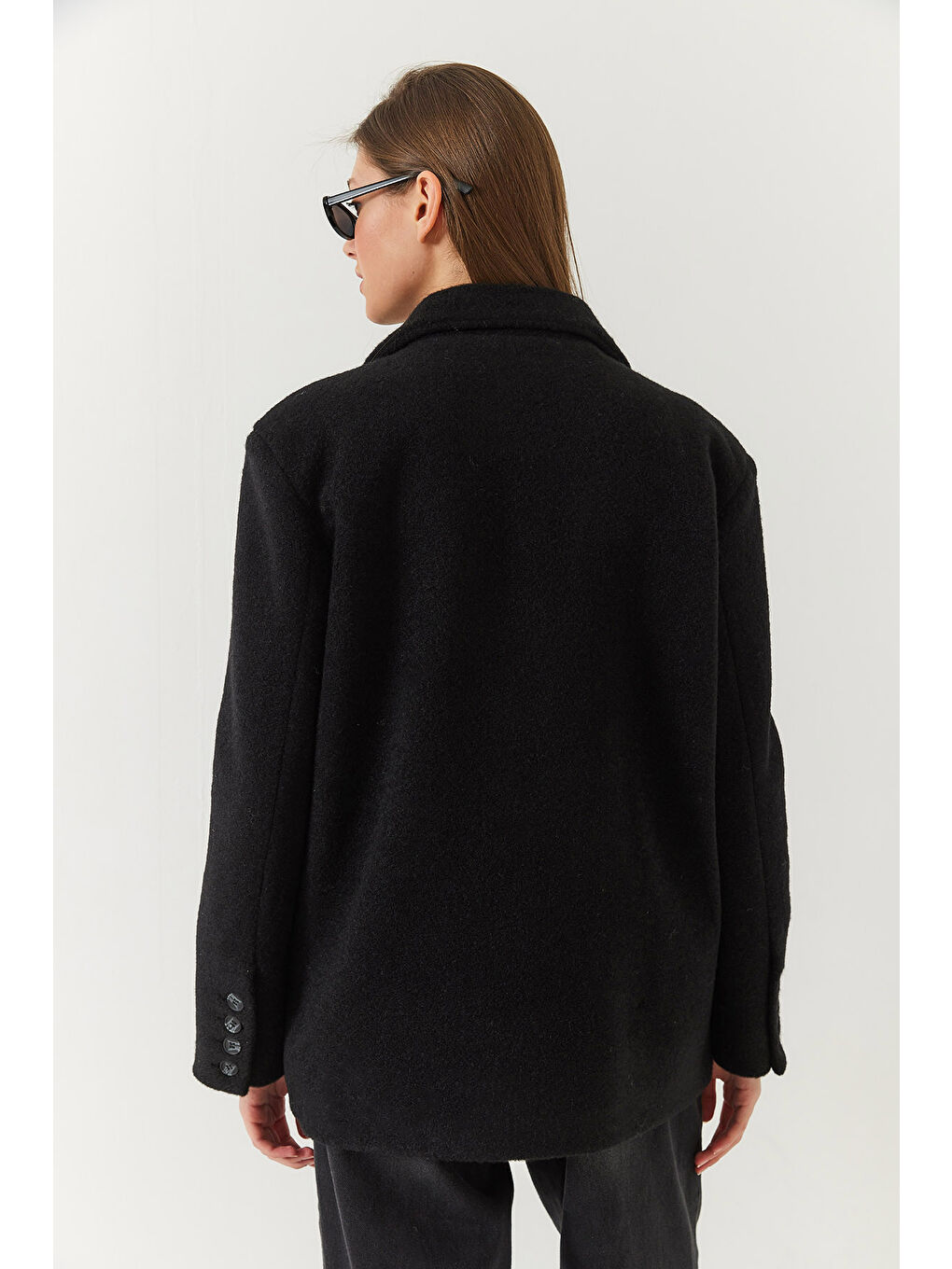 Siyah Kadın Kalın Kaşe Blazer Ceket Kısa Kaban-7