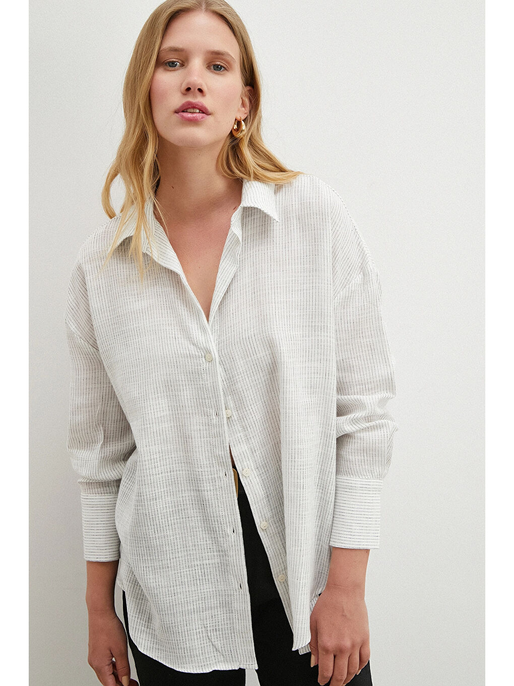 Çizgili Pamuklu Gömlek Beyaz-2