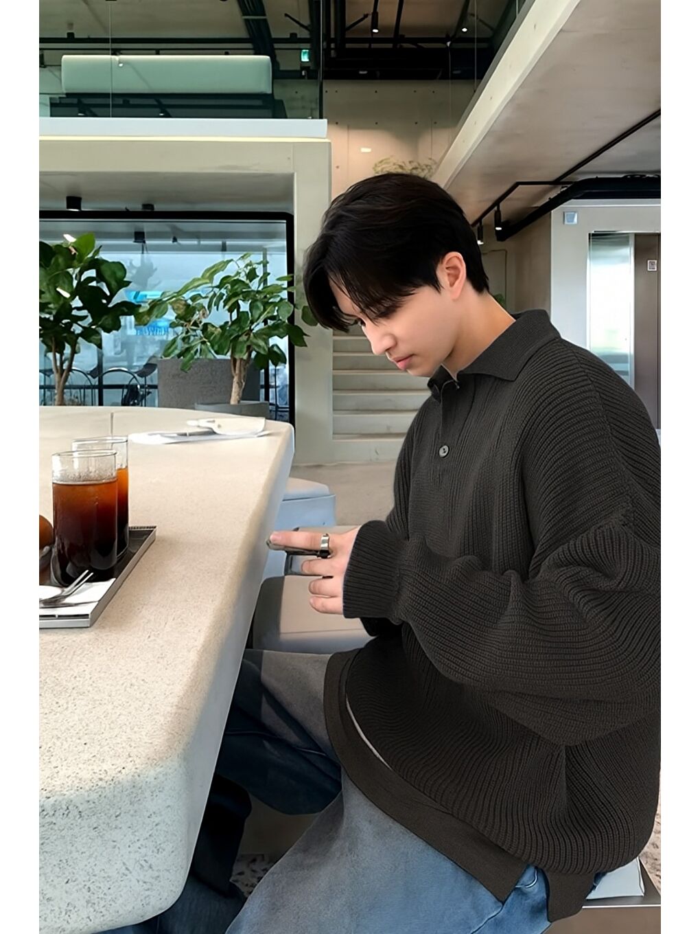 Gri Erkek Düğmeli Regular Polo Yaka Triko Kazak