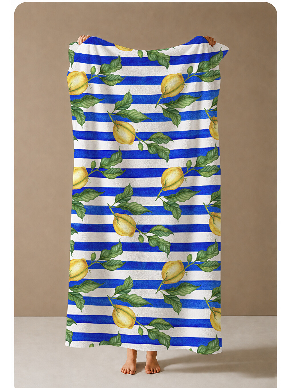 Lacivert Beyaz Çizgili Limon Dalı Desenli 70x150 Cm Dijital Baskılı Plaj Ve Banyo Havlusu-3