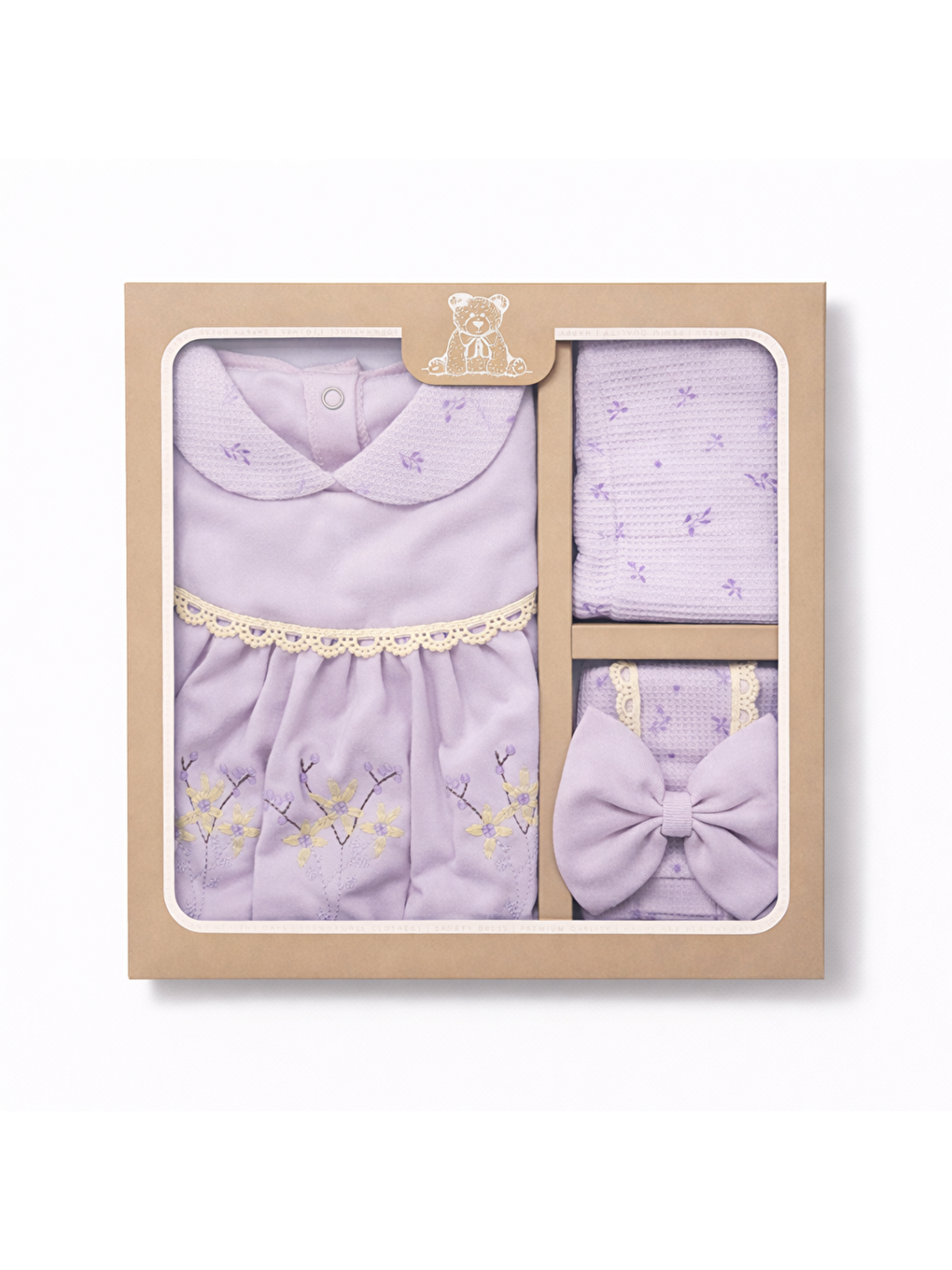 Lila Kız Bebek Lüx Kutulu Waffle Kumaş Çiçekli Fiyonklu 5li Hastane Çıkış Seti Yenidoğan Pamuklu-1