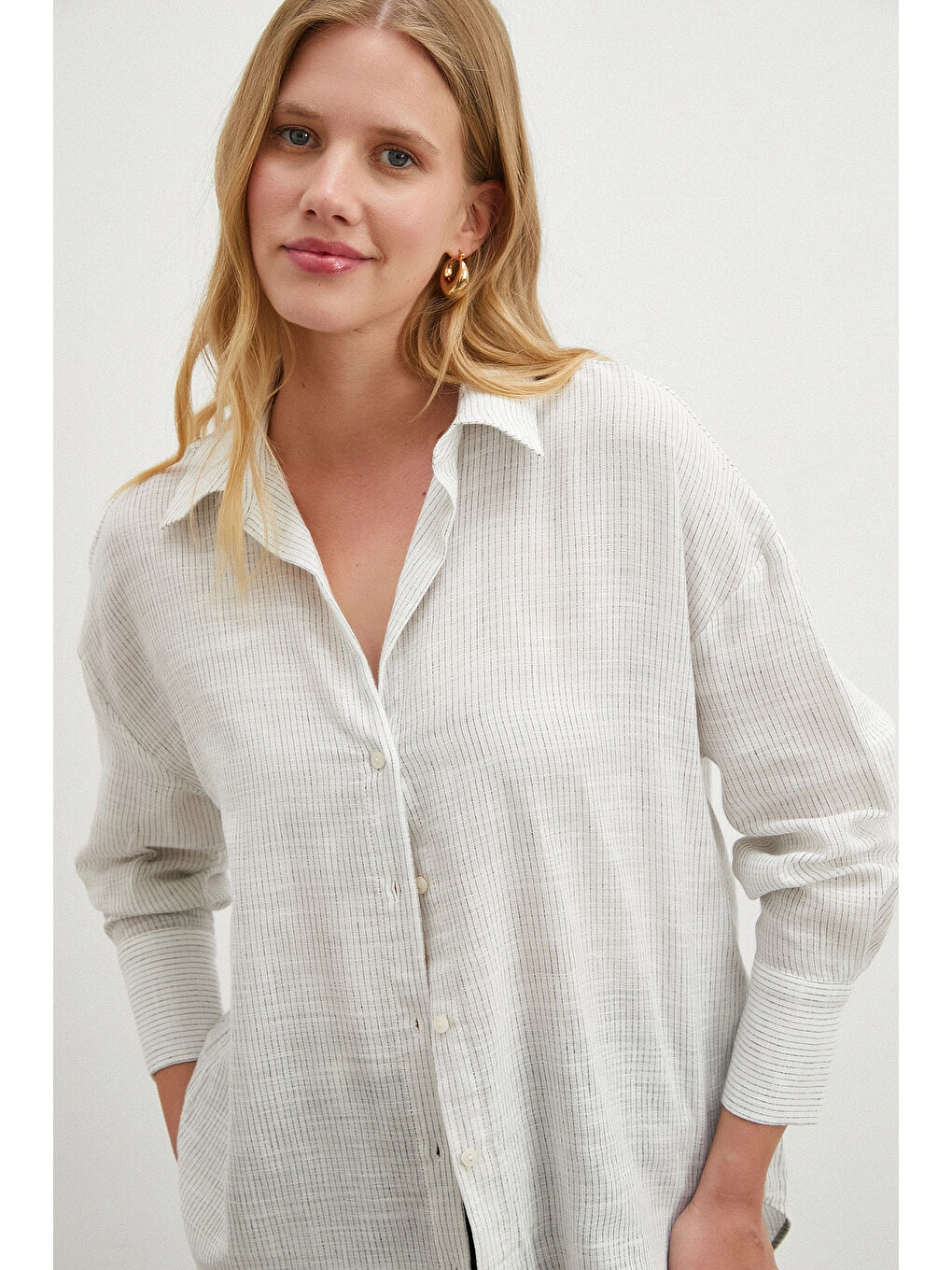 Çizgili Pamuklu Gömlek Beyaz-3