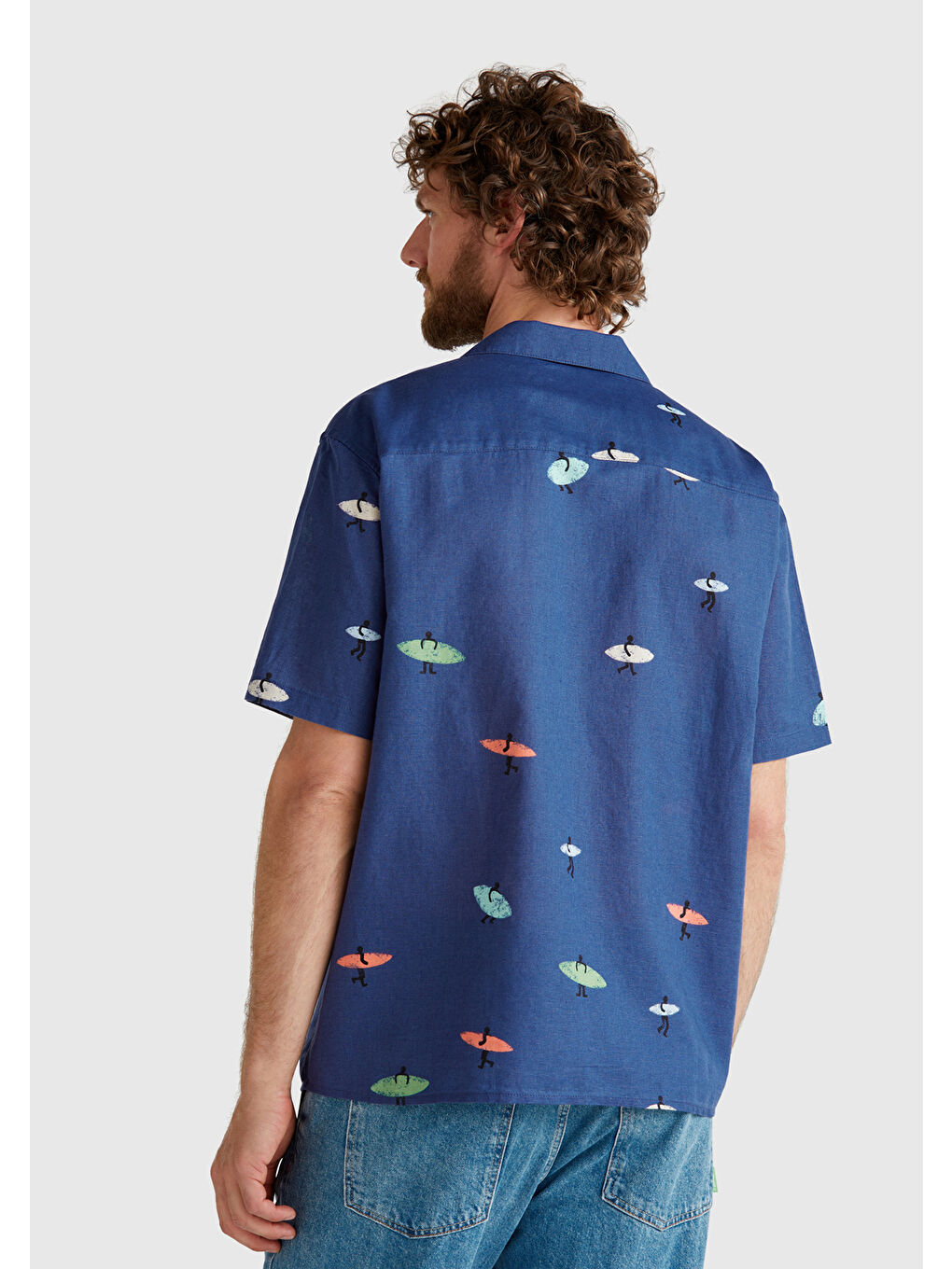 Erkek Lacivert Pamuk Keten Karışımlı Desenli Bowling Yaka Kısa Kollu Gömlek-2