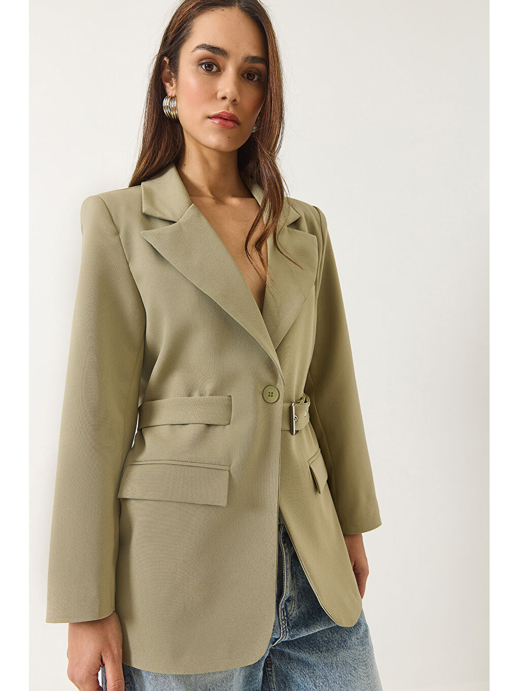 Yeşil Kadın Kemer Detaylı Astarlı Blazer Ceket