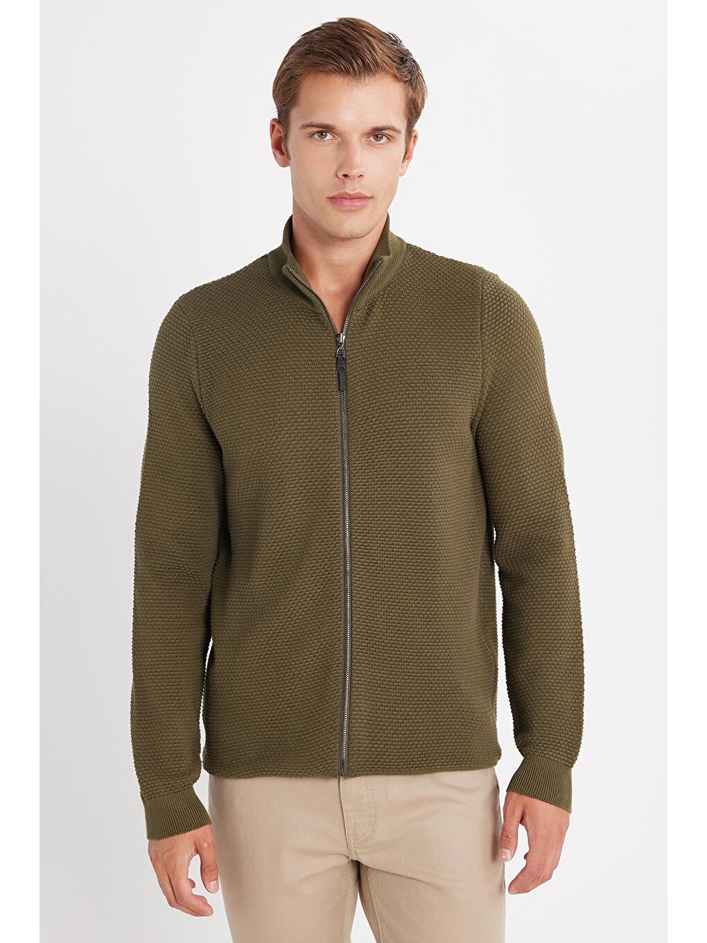 Erkek Standart Fit Normal Kesim Desenli Yarım Balıkçı Yaka Fermuarlı Açık Haki Renk Hırka-3