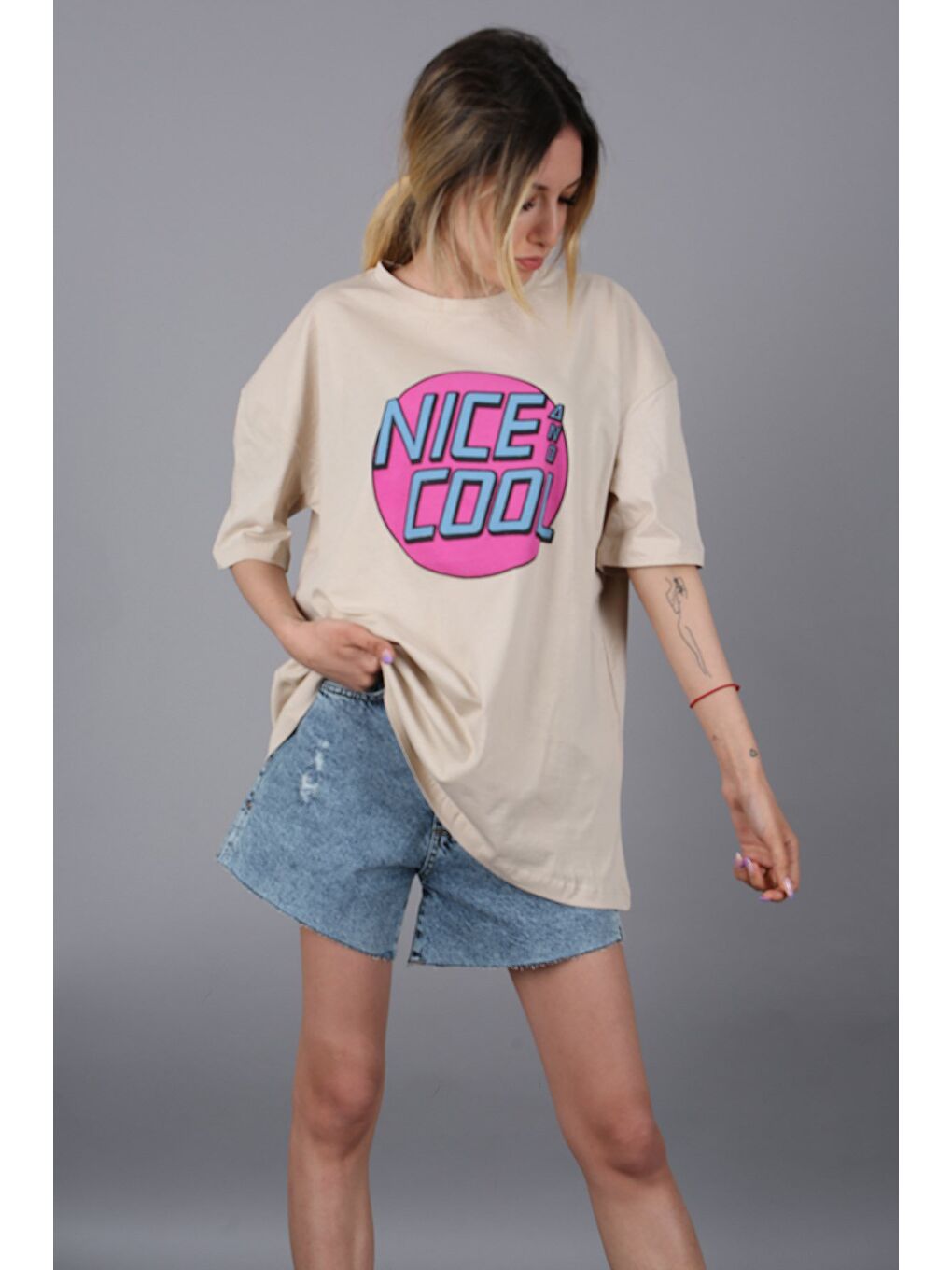 Bej Baskılı Tişört Mg1149-5