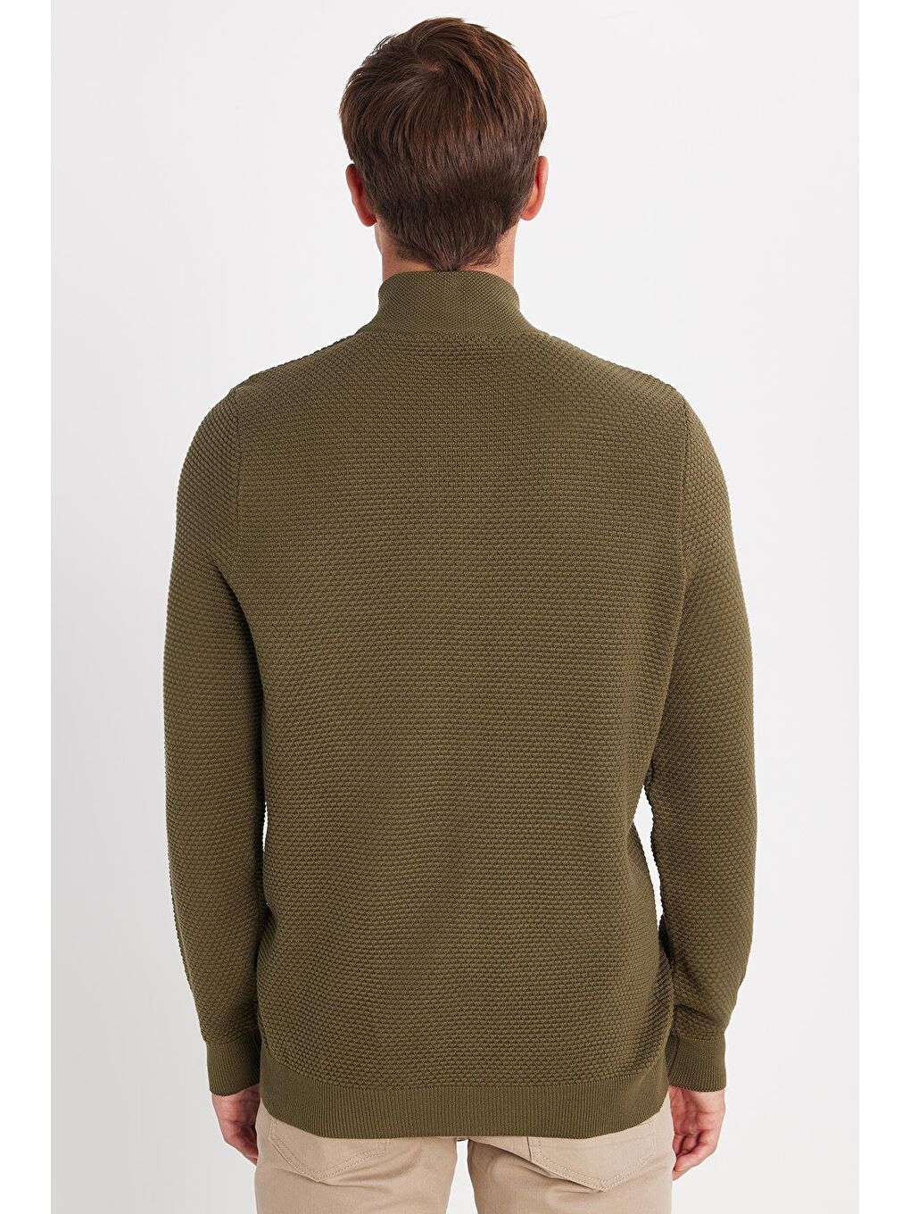 Erkek Standart Fit Normal Kesim Desenli Yarım Balıkçı Yaka Fermuarlı Açık Haki Renk Hırka-4