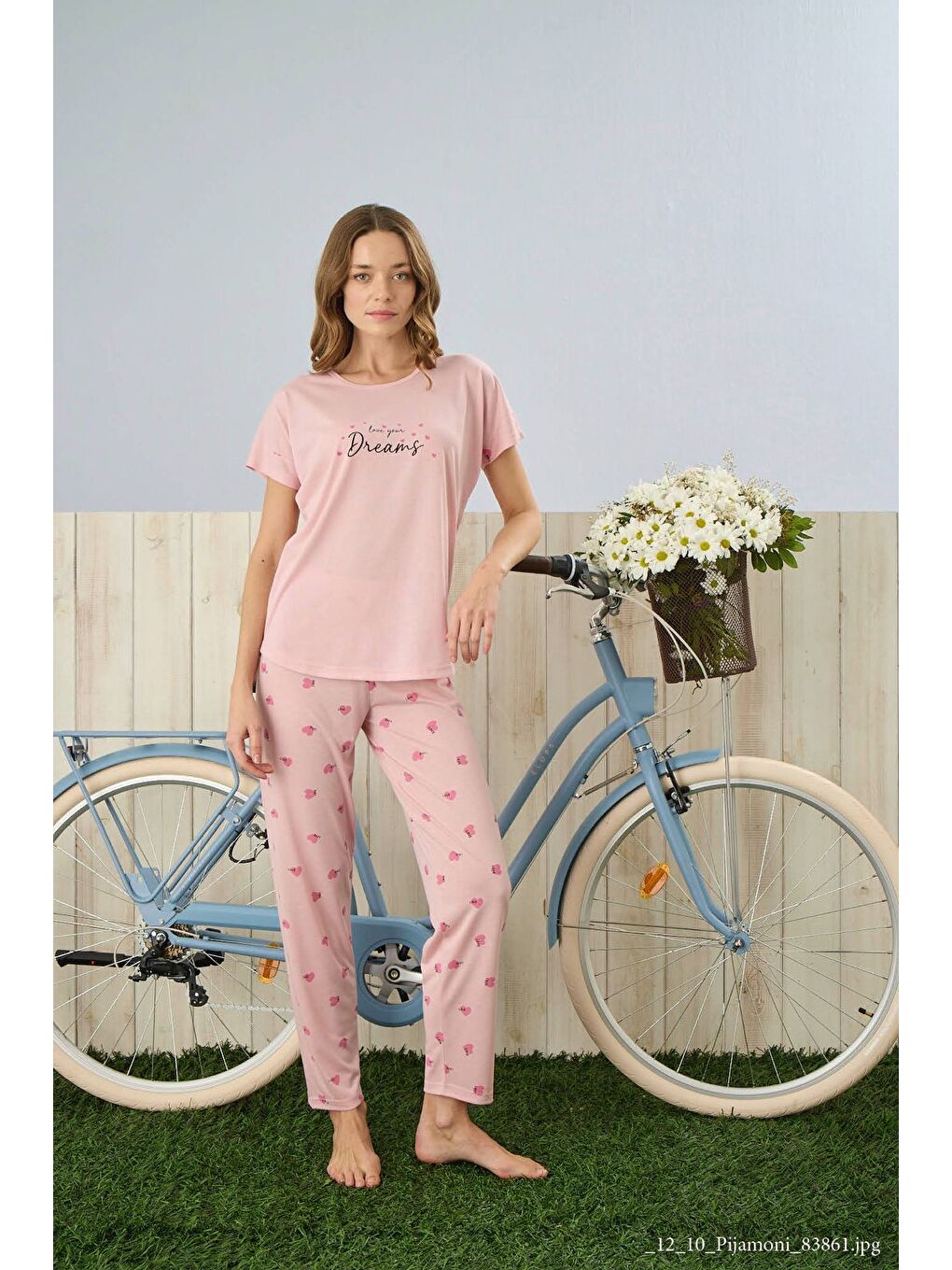 Kadın Pembe Kısa Kollu Kalpli Yazlık Pijama Takımı