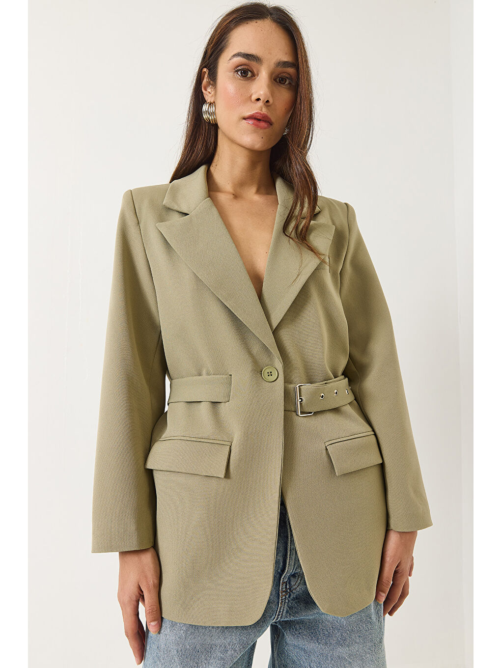 Yeşil Kadın Kemer Detaylı Astarlı Blazer Ceket-1