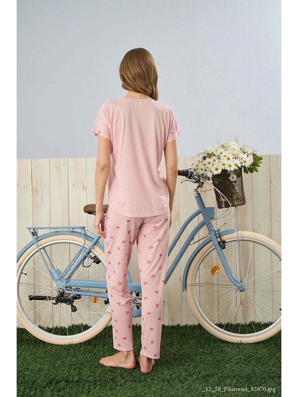 Kadın Pembe Kısa Kollu Kalpli Yazlık Pijama Takımı-1