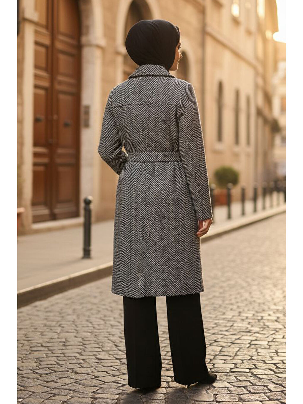 Desenli Kuşaklı Kaşe Kaban Siyah - 28095-SIYAH-2