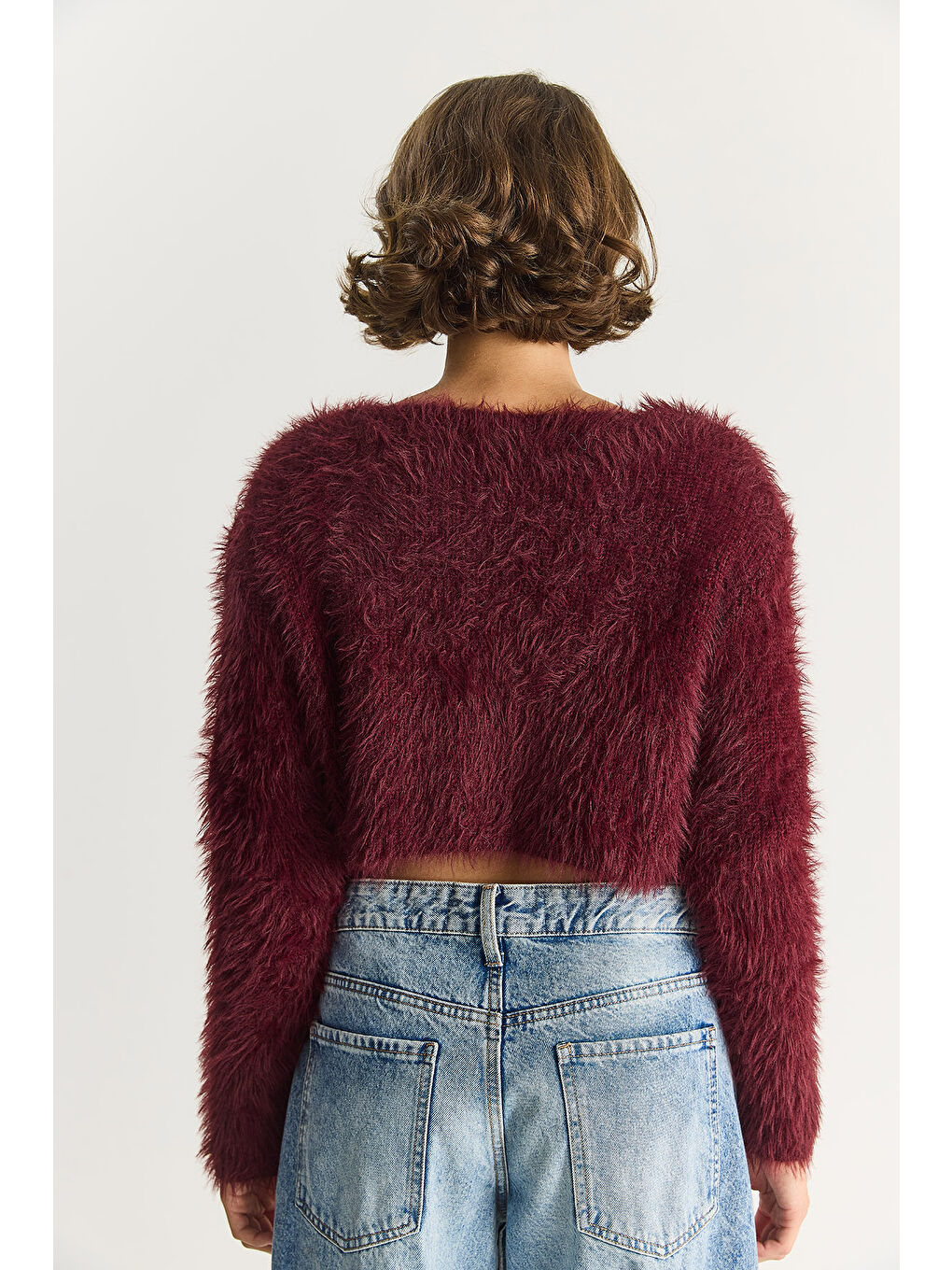 Bordo Kadın V Yaka Düğmeli Yumoş Sakallı Triko Hırka-6