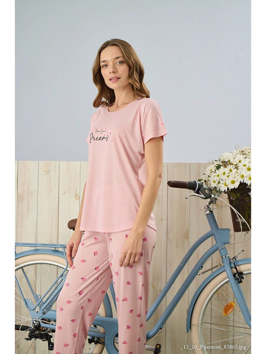 Kadın Pembe Kısa Kollu Kalpli Yazlık Pijama Takımı-2