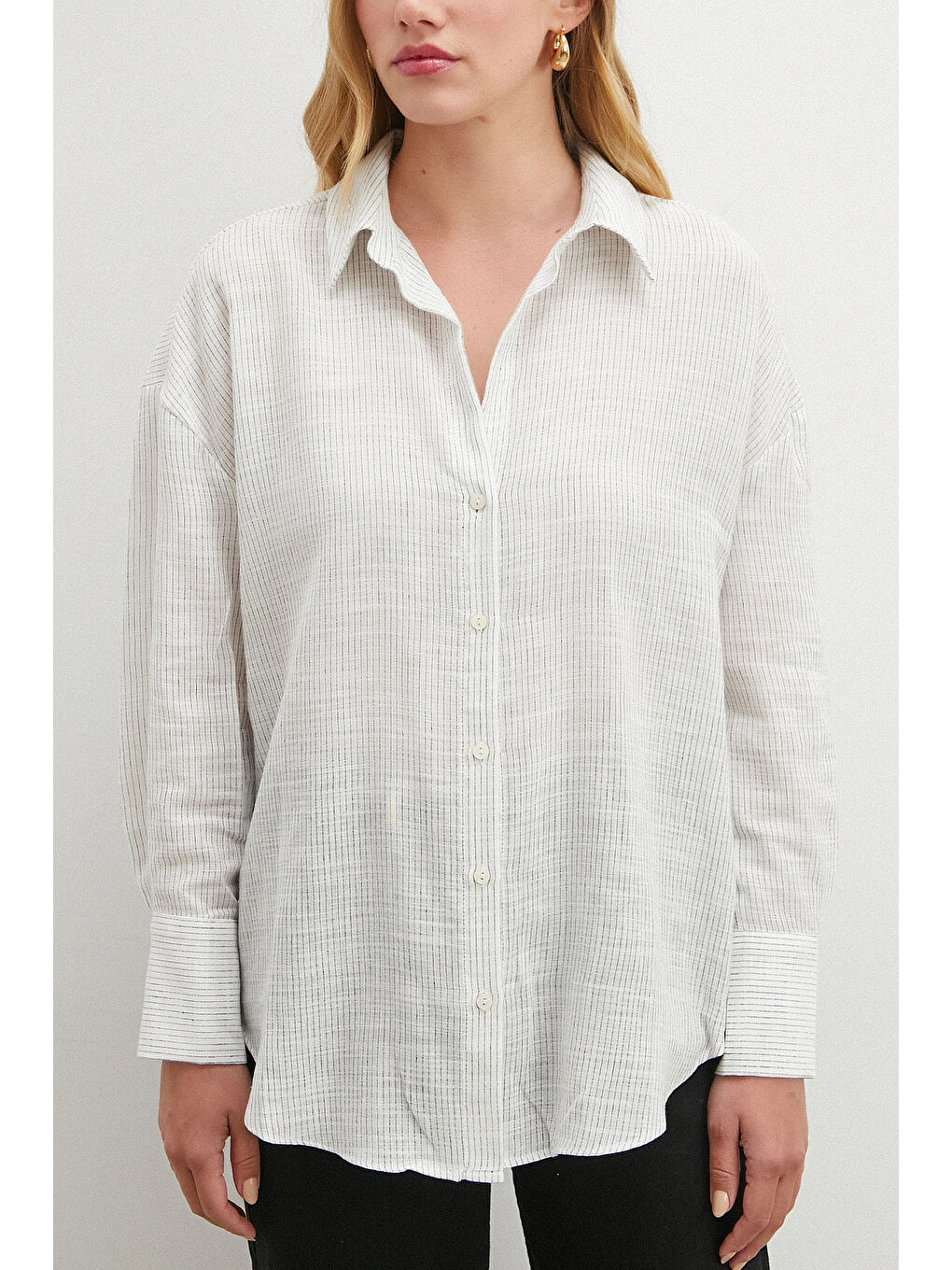 Çizgili Pamuklu Gömlek Beyaz-4