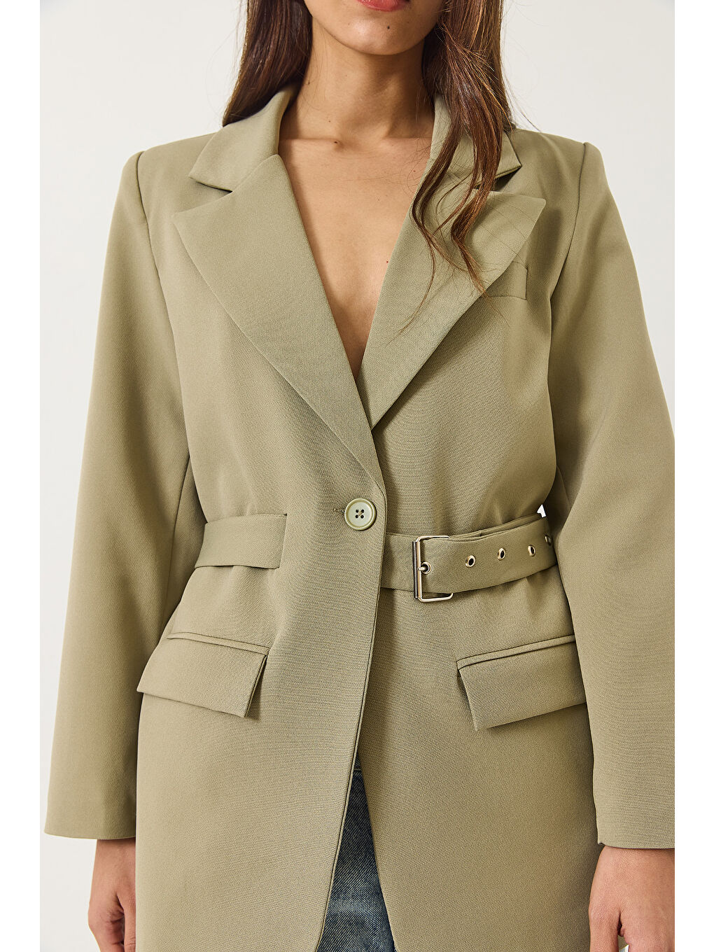 Yeşil Kadın Kemer Detaylı Astarlı Blazer Ceket-4