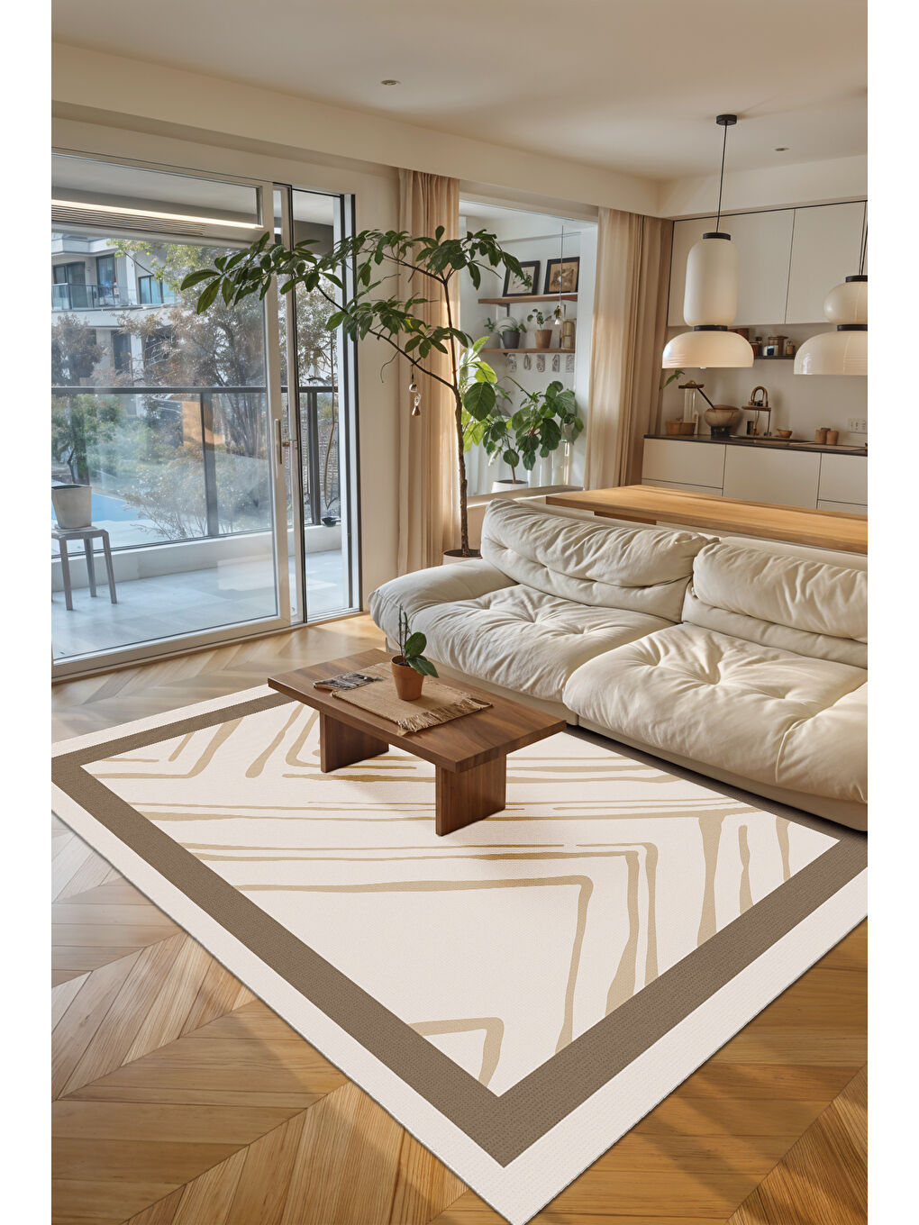 Bej Dekoratif Salon Halısı, Makinada Yıkanabilir, Kaymaz Taban, İnce & Modern Tasarım-2