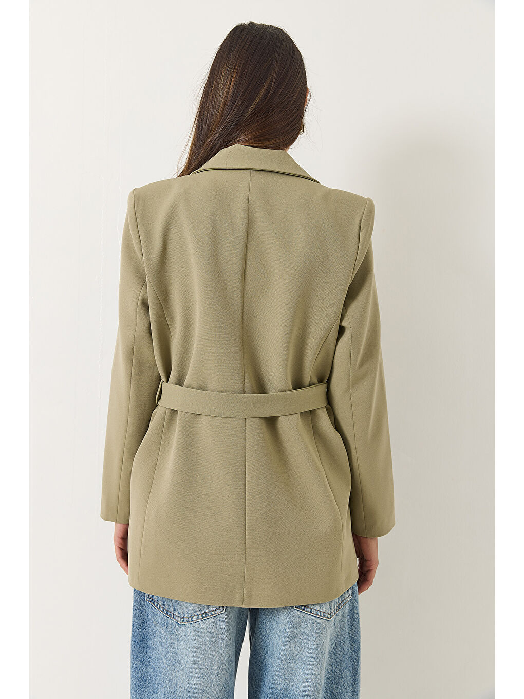 Yeşil Kadın Kemer Detaylı Astarlı Blazer Ceket-6