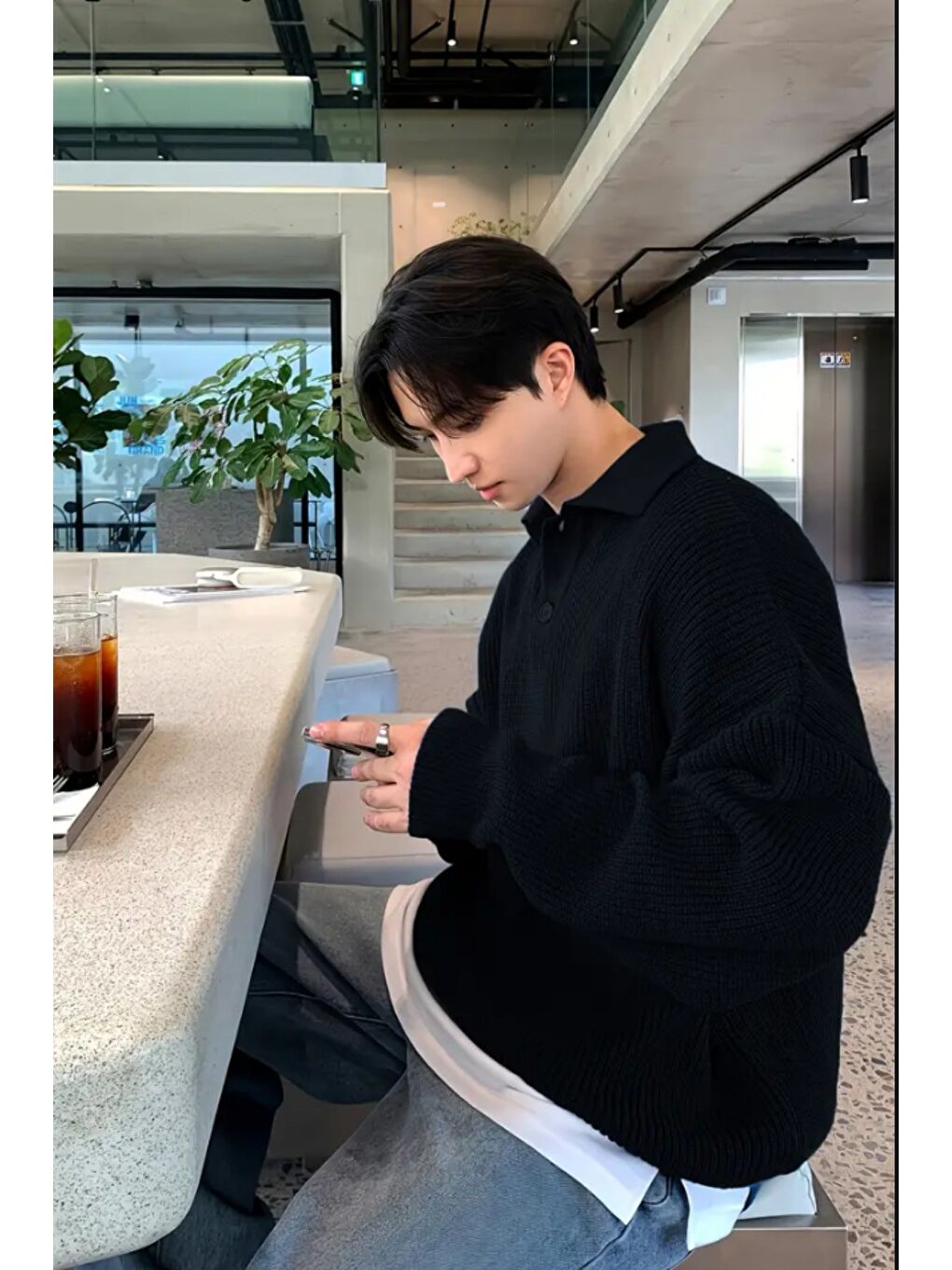 Siyah Erkek Düğmeli Regular Polo Yaka Triko Kazak