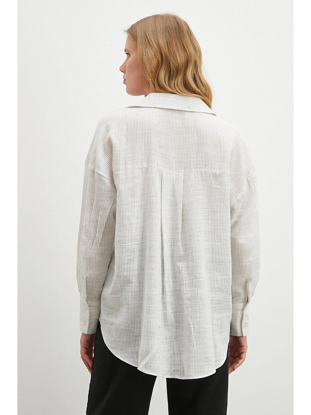 Çizgili Pamuklu Gömlek Beyaz-5