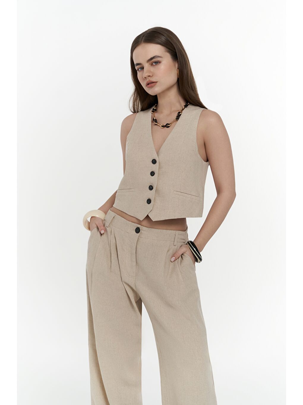 Anka Keten Bej Yelek Pantolon Takım