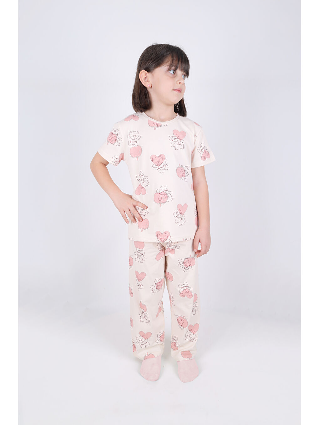 Lila Kız Çocuk Pamuklu Kalpli Desenli Pijama Takımı-1