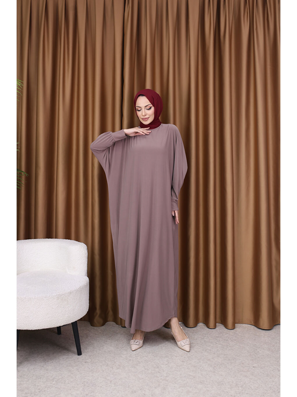 Pembe Kadın Trend Basic Uzun Kollu Gülkurusu Elbise-1