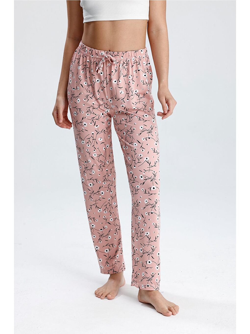 Kadın Çiçek Desenli Uzun Pijama Pantolon  | Pembe-1