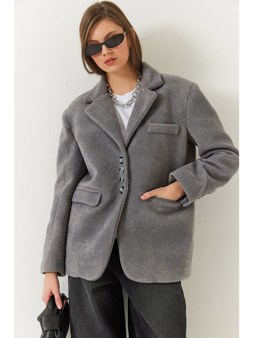 Gri Kadın Kalın Kaşe Blazer Ceket Kısa Kaban