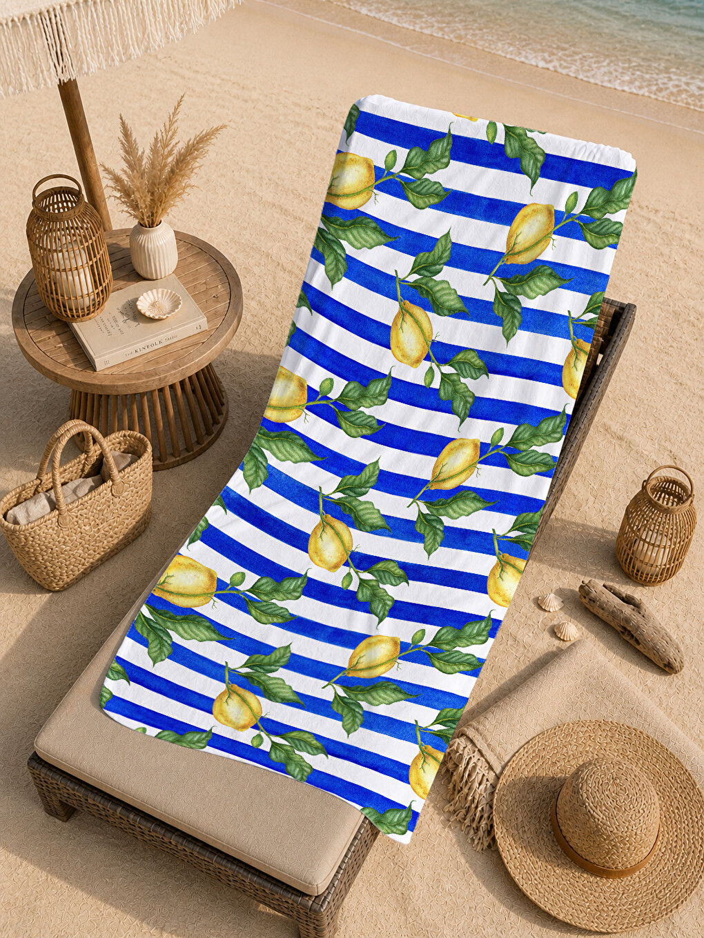 Lacivert Beyaz Çizgili Limon Dalı Desenli 70x150 Cm Dijital Baskılı Plaj Ve Banyo Havlusu-4