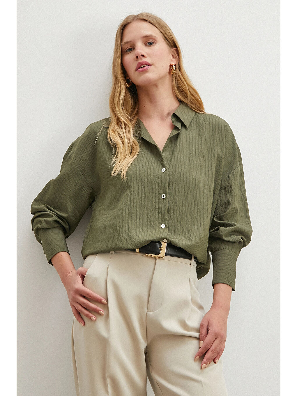 Çizgili Viskon Gömlek Haki