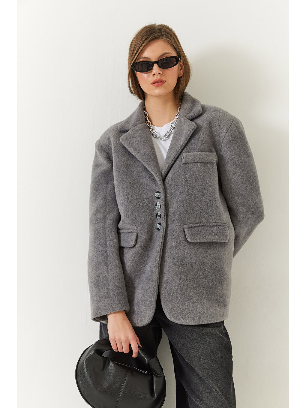 Gri Kadın Kalın Kaşe Blazer Ceket Kısa Kaban-1