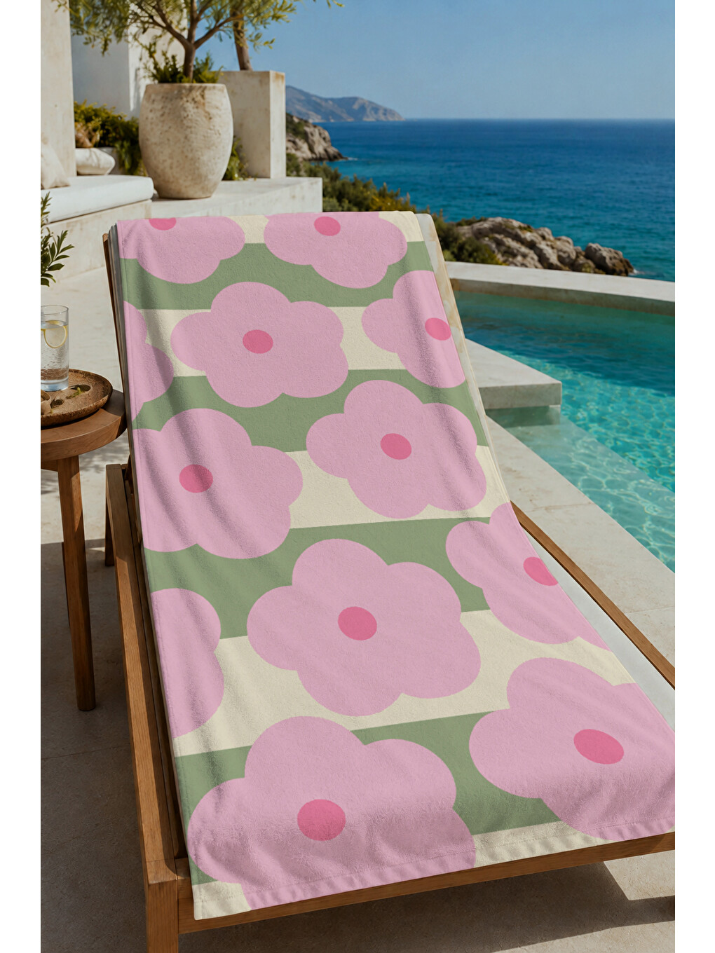 Pembe Yeşil Retro Büyük Çiçek Desenli 70x150 Cm Dijital Baskılı Plaj Ve Banyo Havlusu