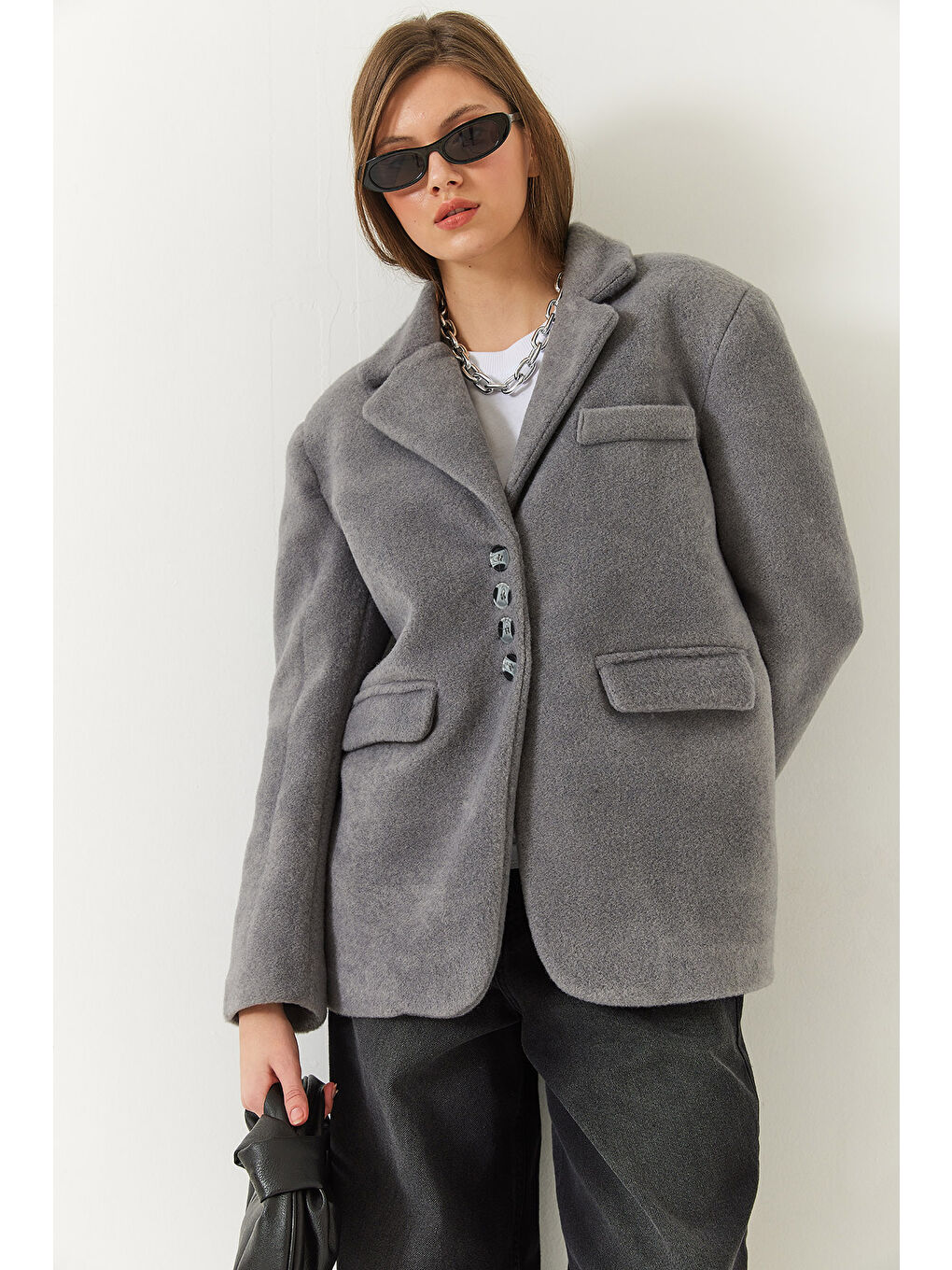 Gri Kadın Kalın Kaşe Blazer Ceket Kısa Kaban-2