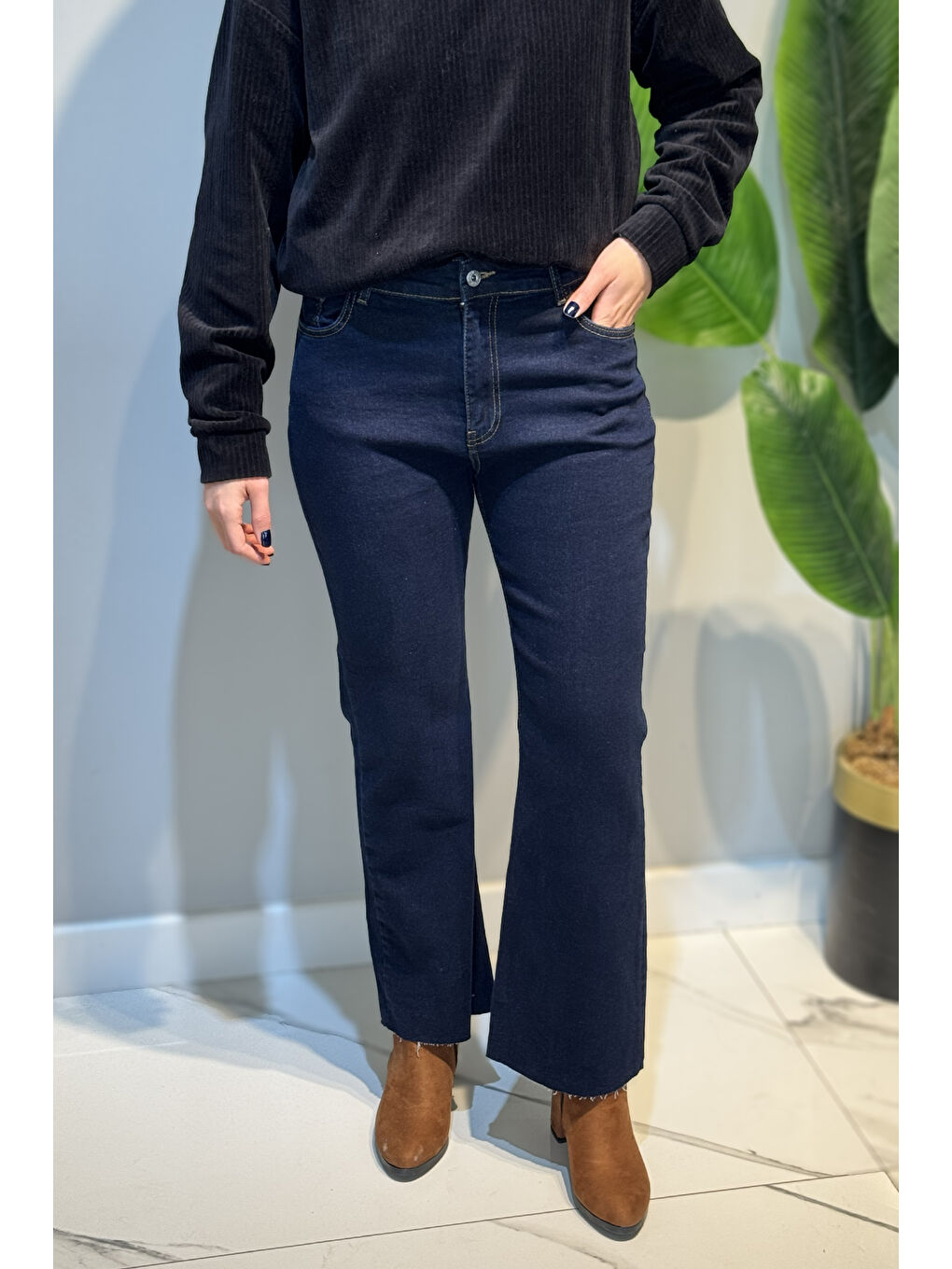 İspanyol Paça Jean Pantolon 2663 Koyu Lacivert-1
