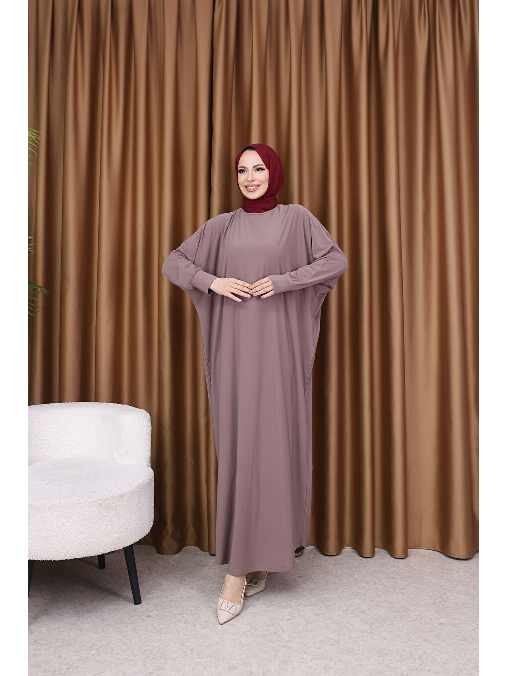 Pembe Kadın Trend Basic Uzun Kollu Gülkurusu Elbise-3