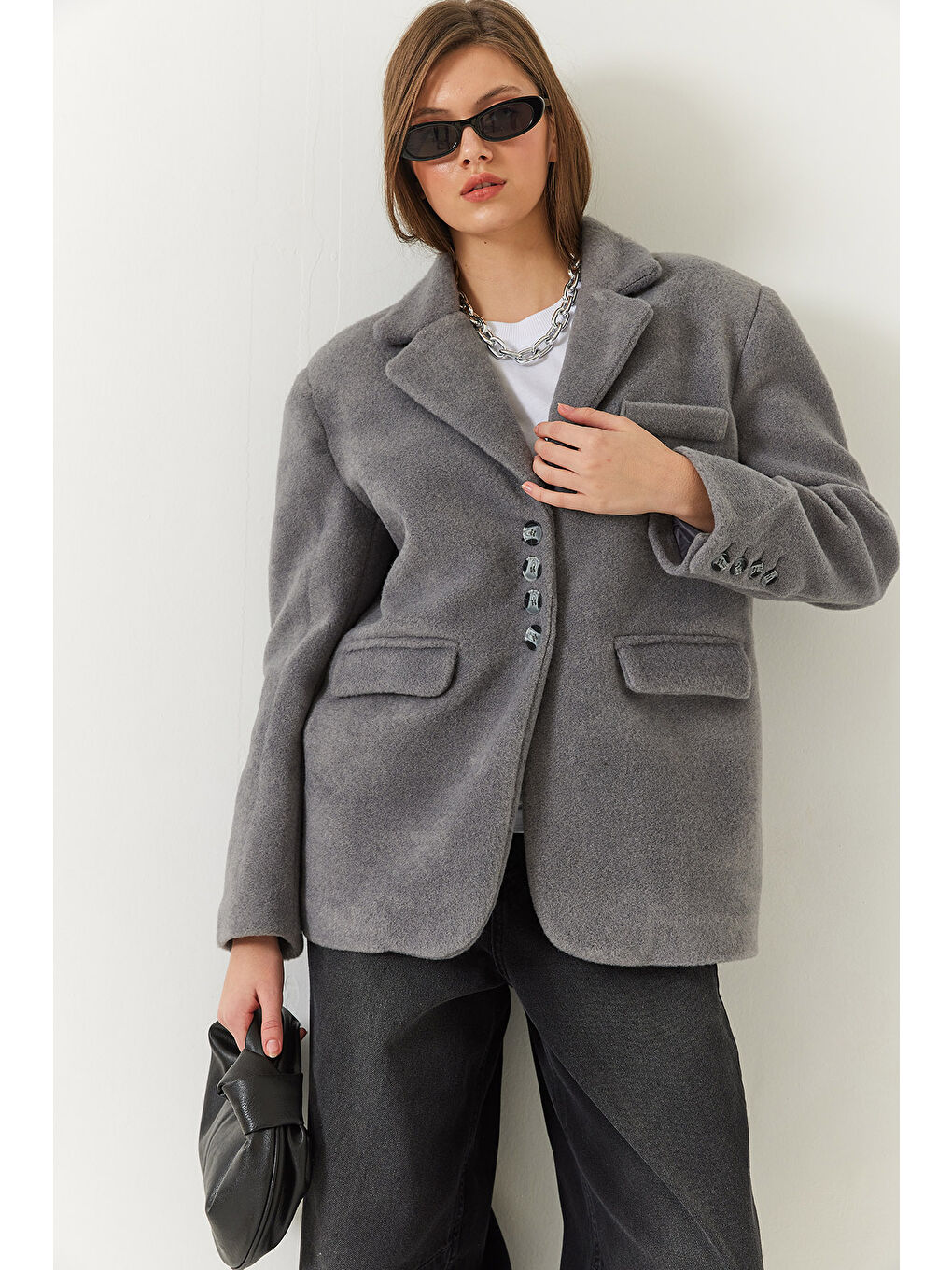 Gri Kadın Kalın Kaşe Blazer Ceket Kısa Kaban-3