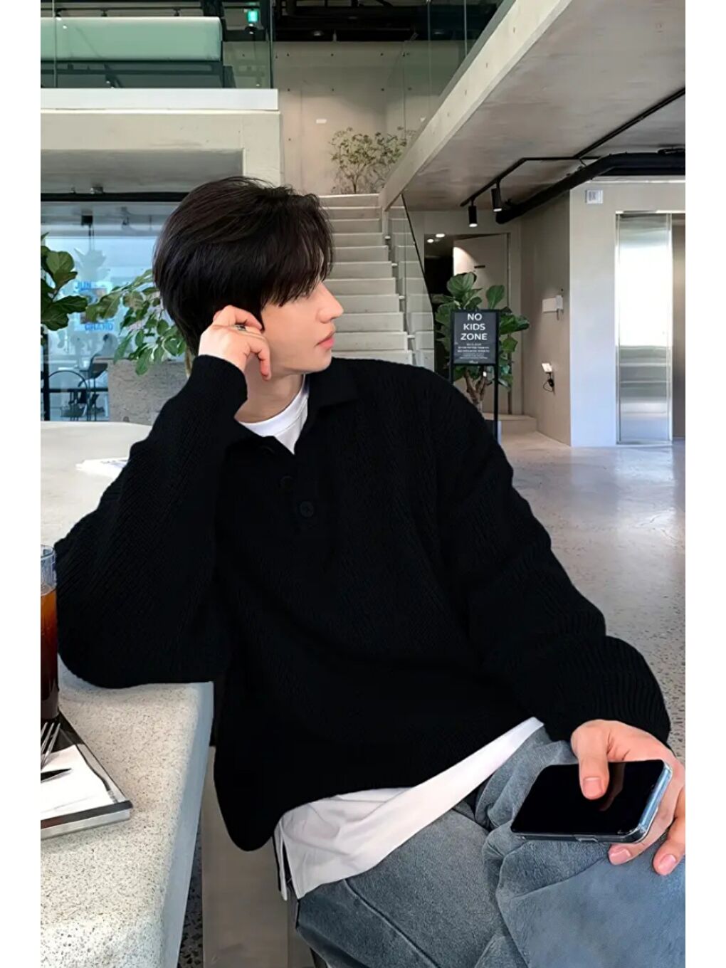 Siyah Erkek Düğmeli Regular Polo Yaka Triko Kazak-1