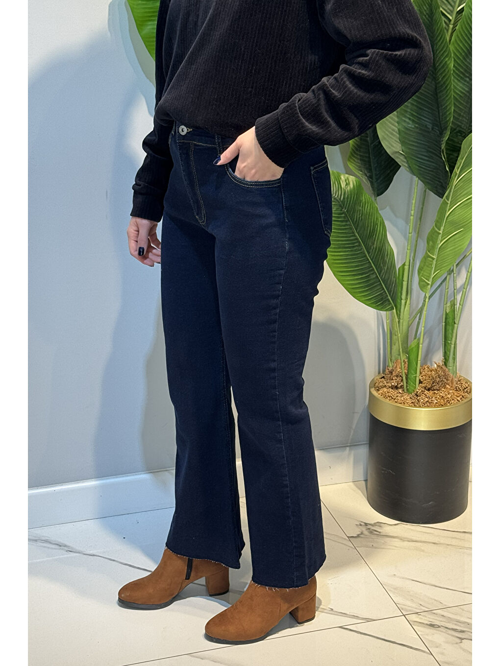 İspanyol Paça Jean Pantolon 2663 Koyu Lacivert-2