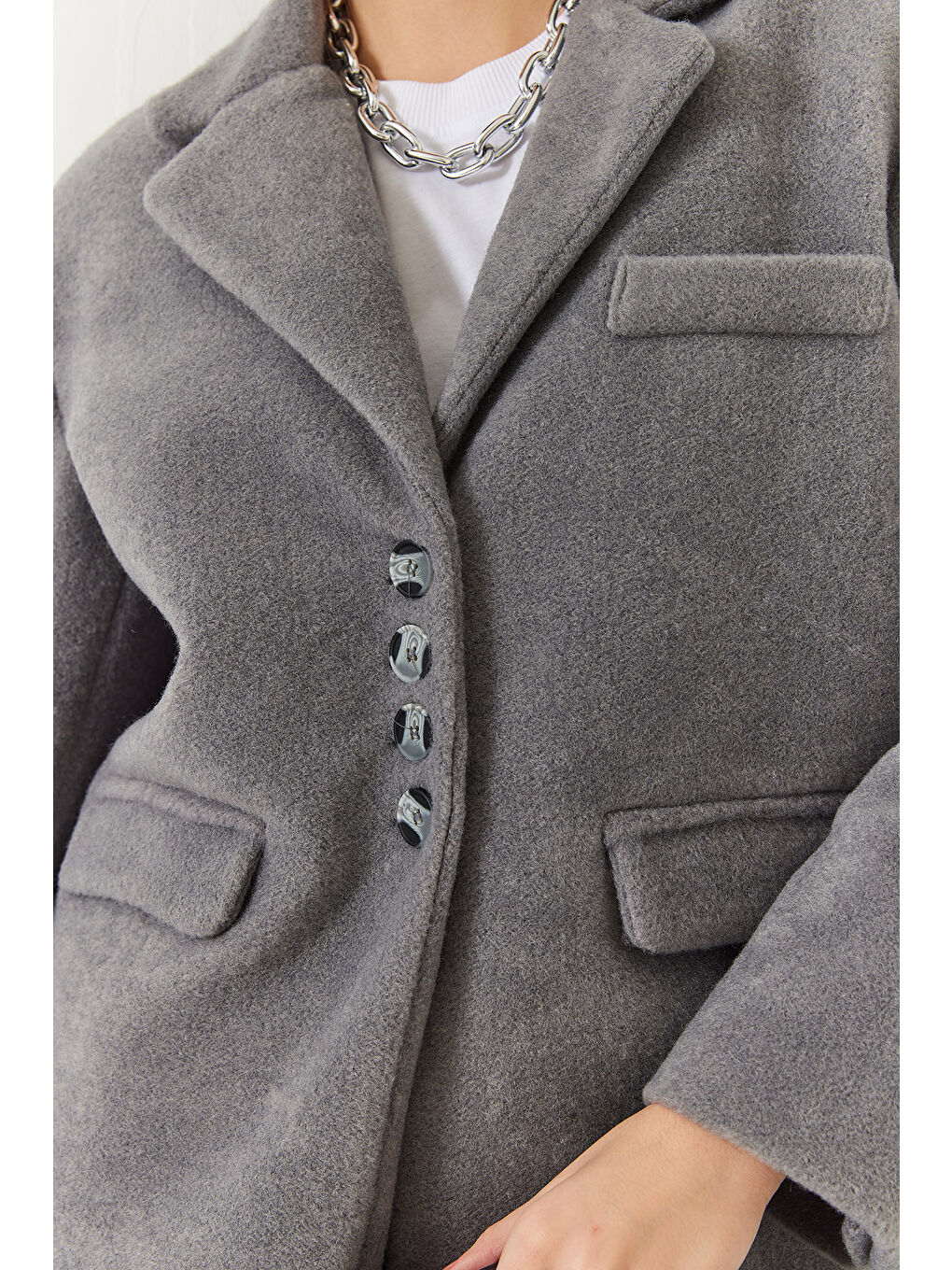 Gri Kadın Kalın Kaşe Blazer Ceket Kısa Kaban-4