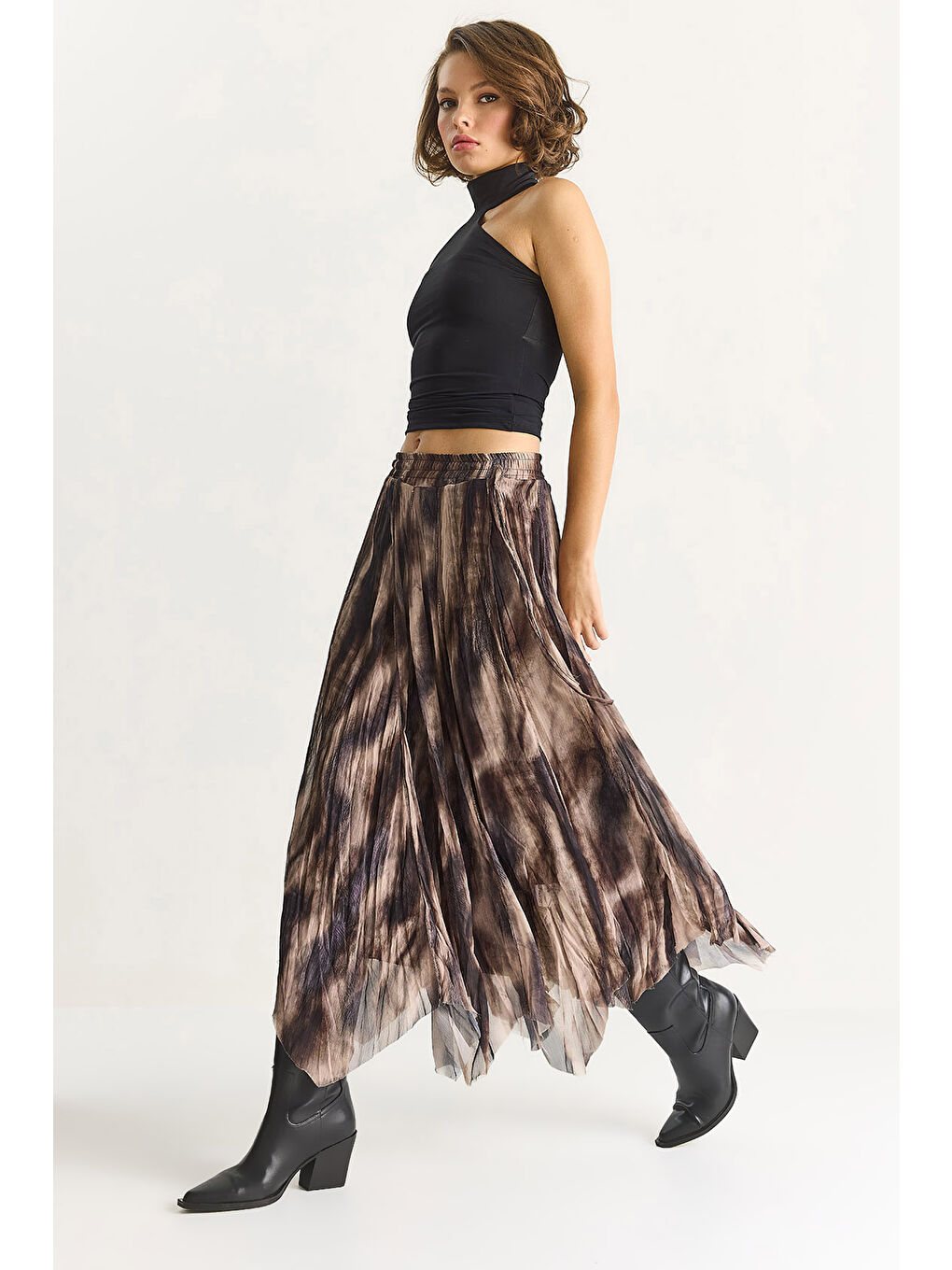 Kahverengi Kadın Desenli Asimetrik Kesim Astarlı Şifon Bohem Etek DE