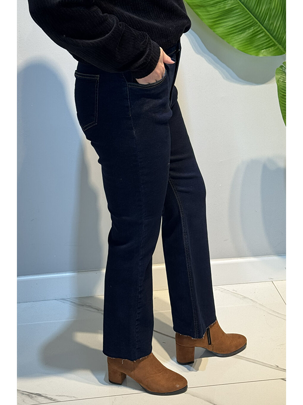 İspanyol Paça Jean Pantolon 2663 Koyu Lacivert-3