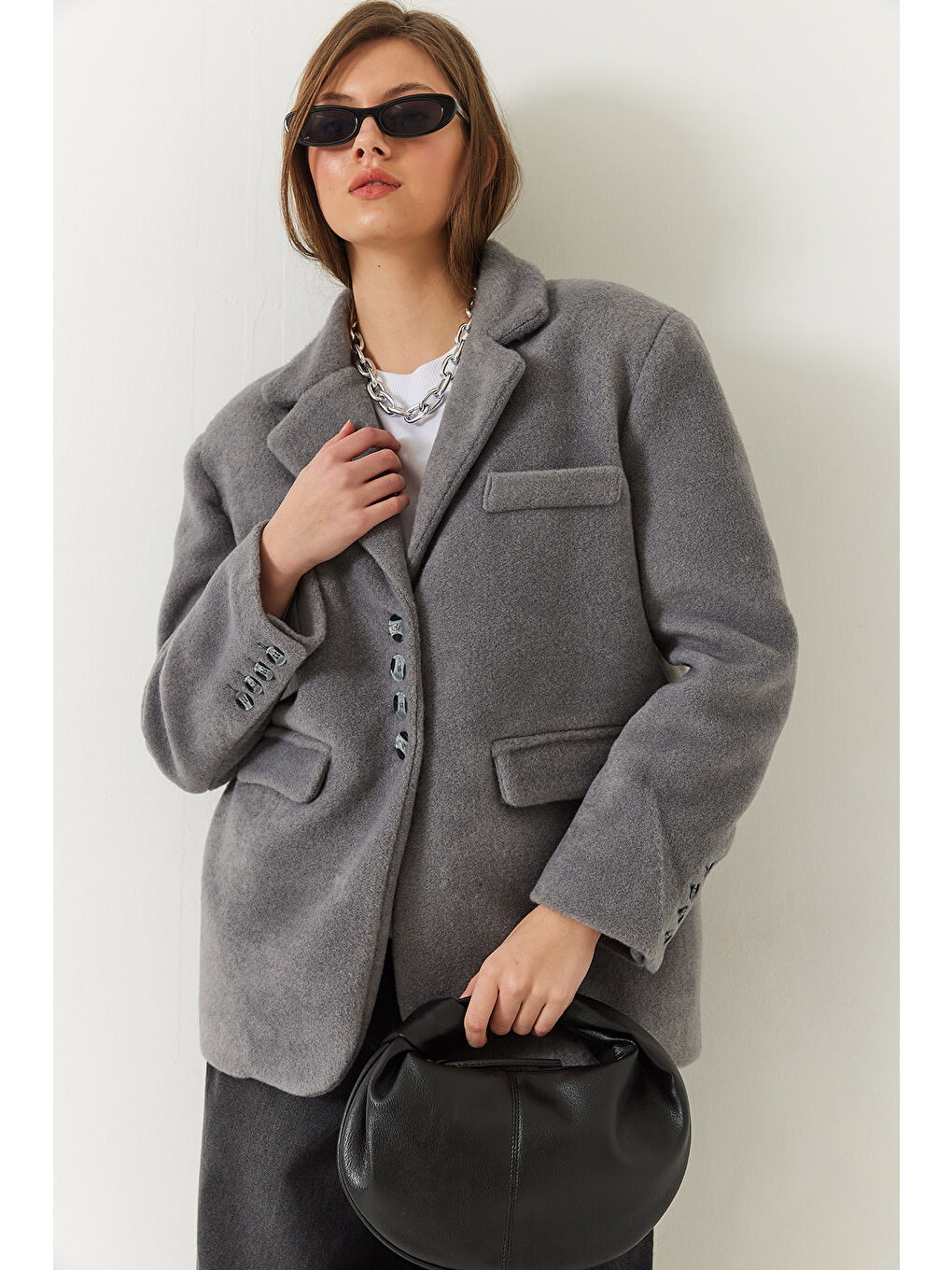 Gri Kadın Kalın Kaşe Blazer Ceket Kısa Kaban-5