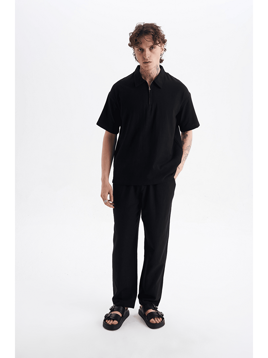 Erkek %100 Pamuklu Keten Görünümlü Pantolon Tshirt Takım Siyah