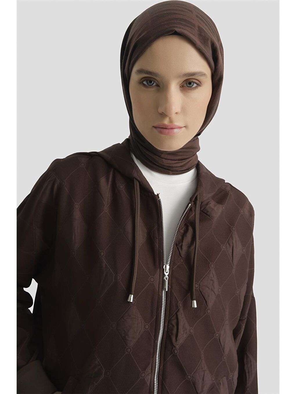 Kahverengi Desenli Kapüşonlu Relax Takım Kahve