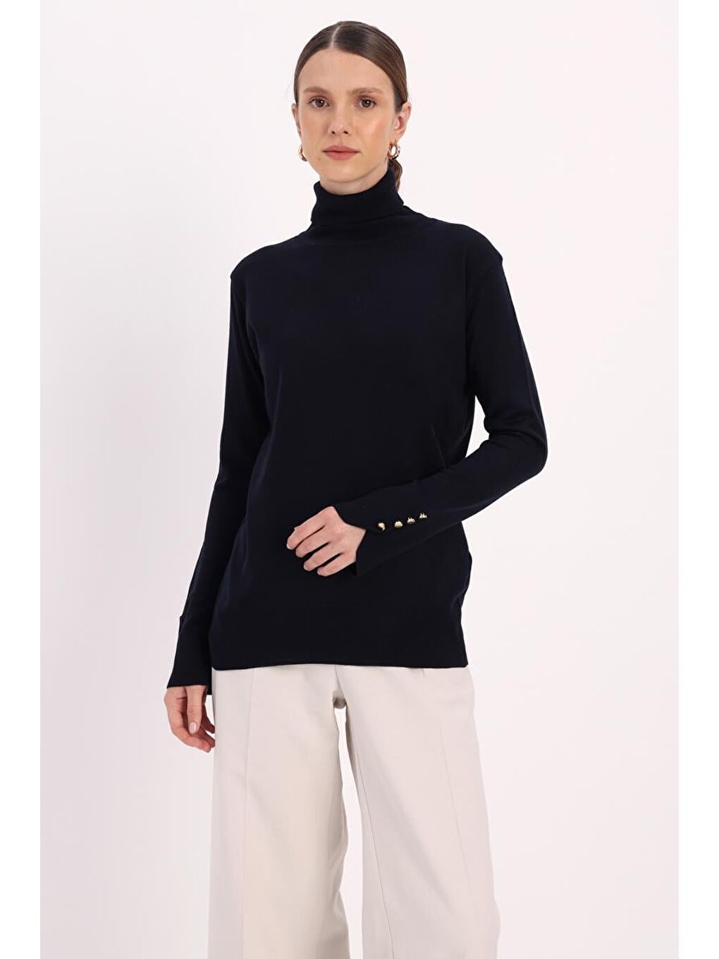 Lacivert-Kolları Düğmeli Kazak