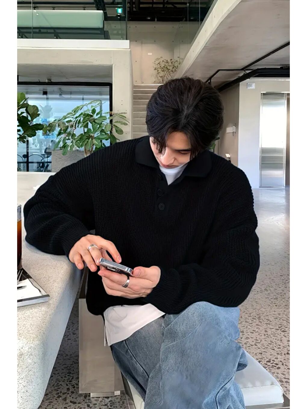 Siyah Erkek Düğmeli Regular Polo Yaka Triko Kazak-2