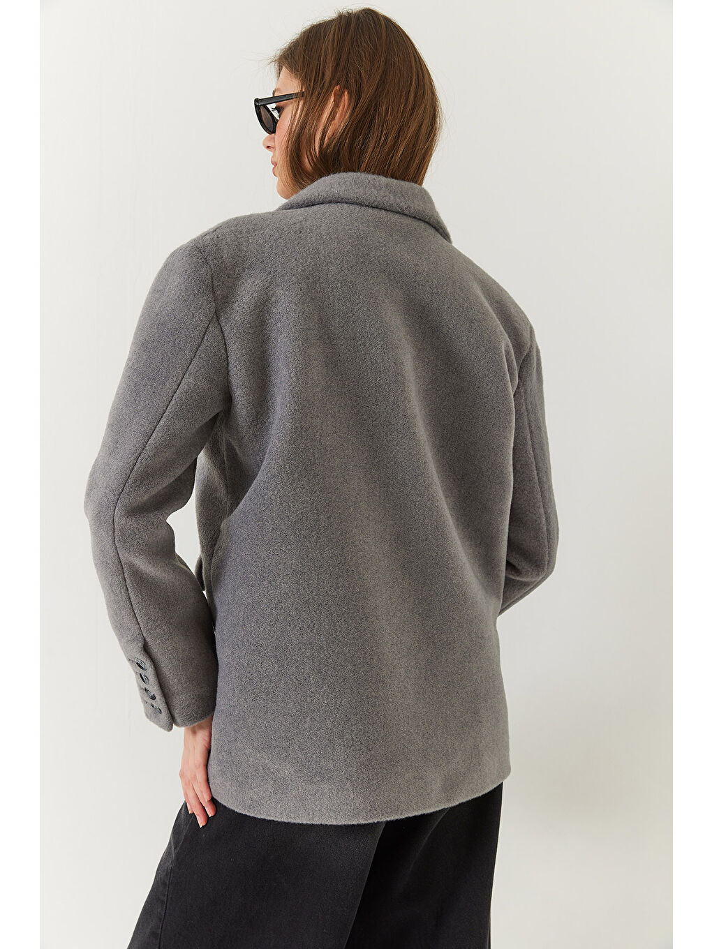 Gri Kadın Kalın Kaşe Blazer Ceket Kısa Kaban-6