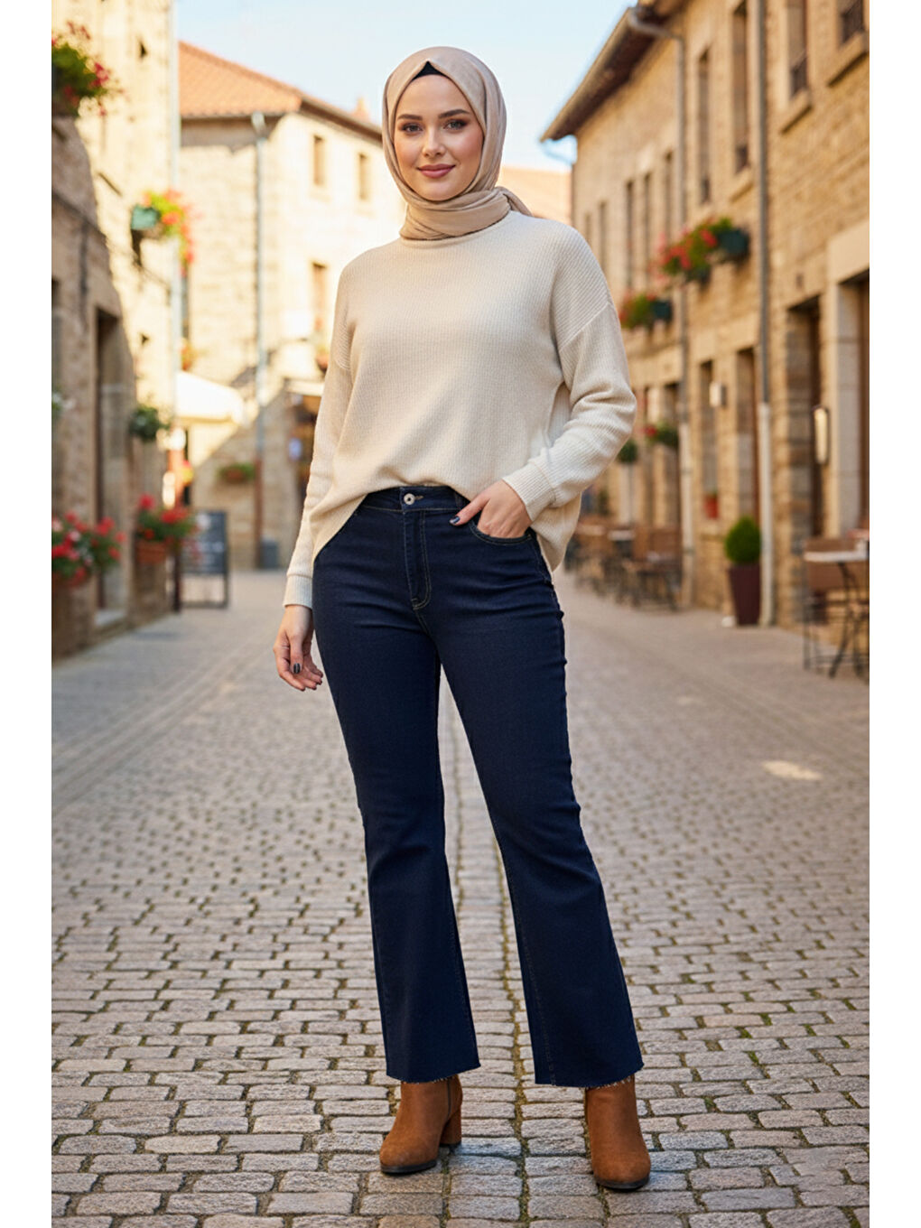 İspanyol Paça Jean Pantolon 2663 Koyu Lacivert-4