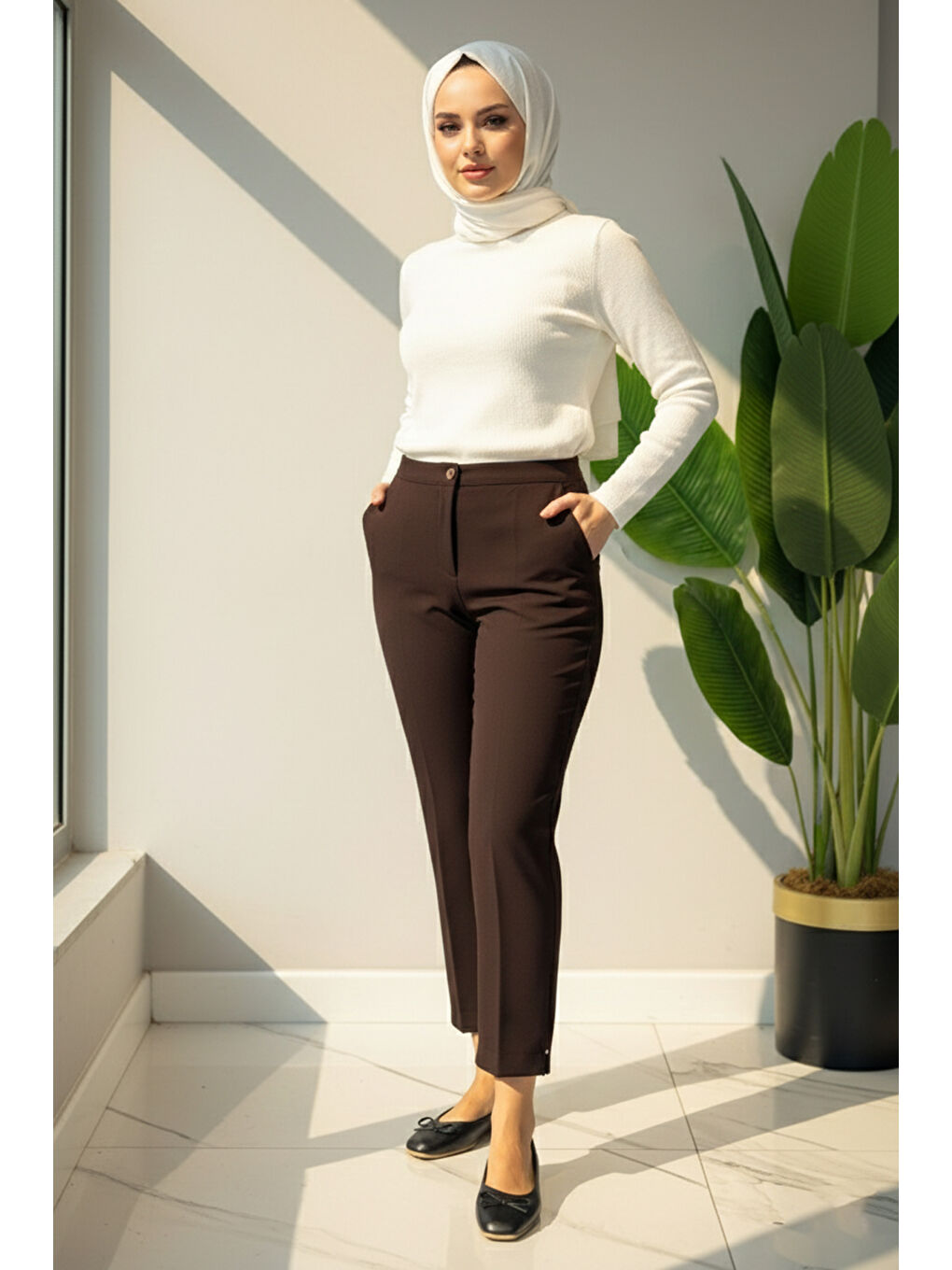 Kadın Bilek Boy Kumaş Pantolon 01 Kahverengi-1