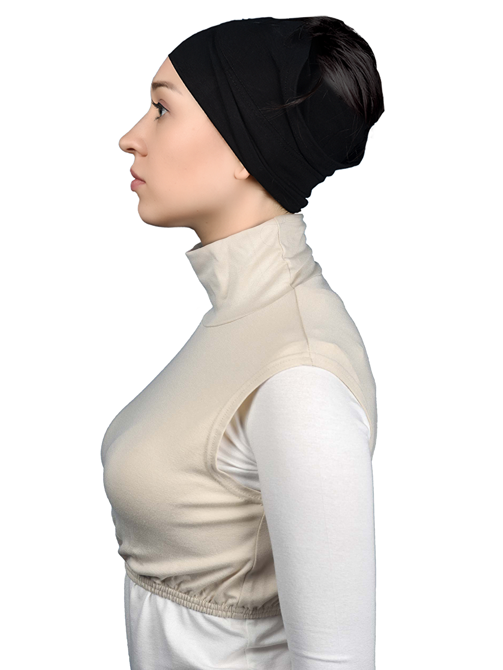 Ekru Sıfır Kol Balıkçı Yaka Tam Boğazlı Elastanlı Penye Kadın Yarım Body-2